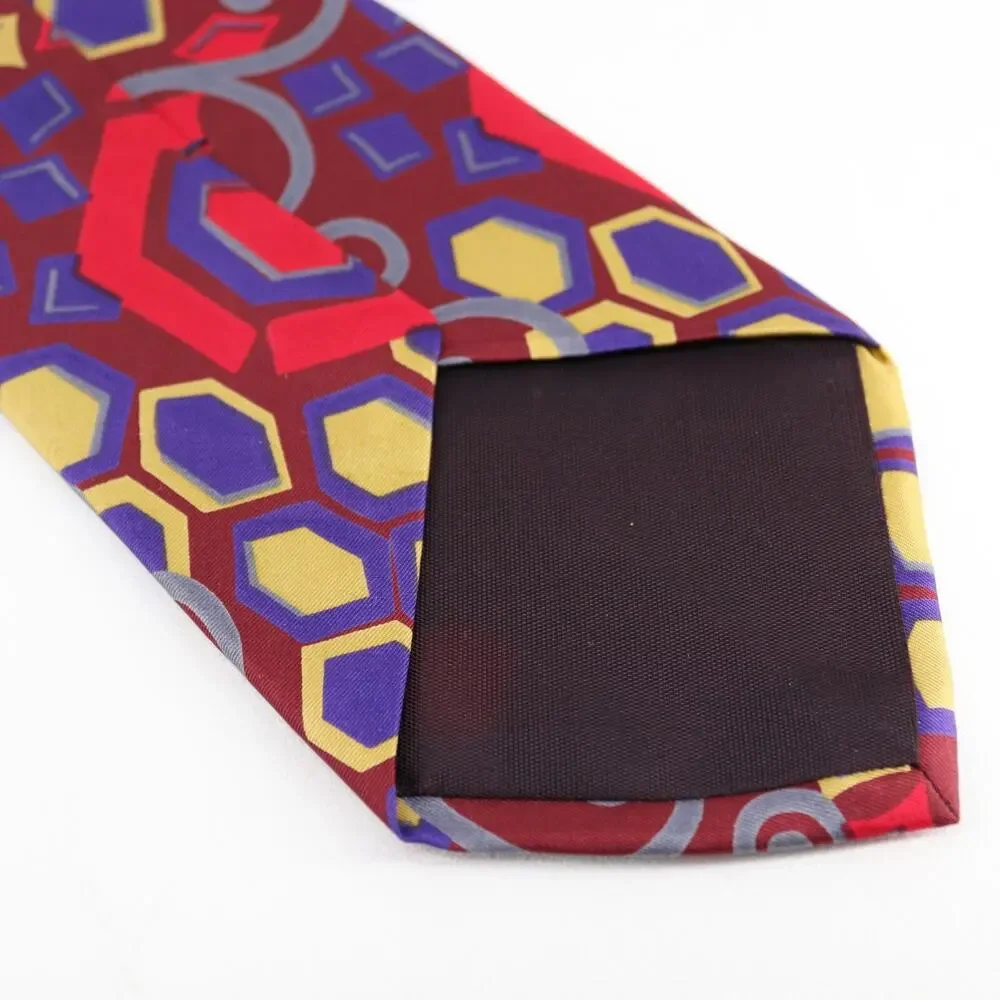 Vtg Geoffrey Beene Silk Tie Men 56 in Red Bright Multicolor Geo Abstract Wide